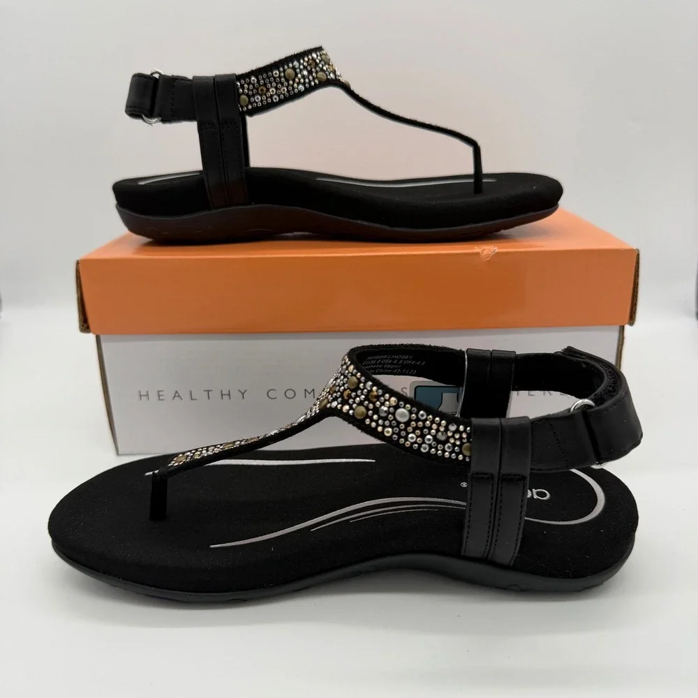 Aetrex Lindsey Black SE680 Women's Orthotic T-Strap Sandals Size 6-6.5 Nee